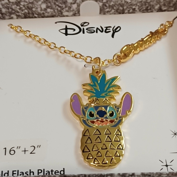 DISNEY LILO & STITCH GOLD FLASH PLATED PINEAPPLE PENDANT & NECKLACE MEASURES 16" - Picture 2 of 15
